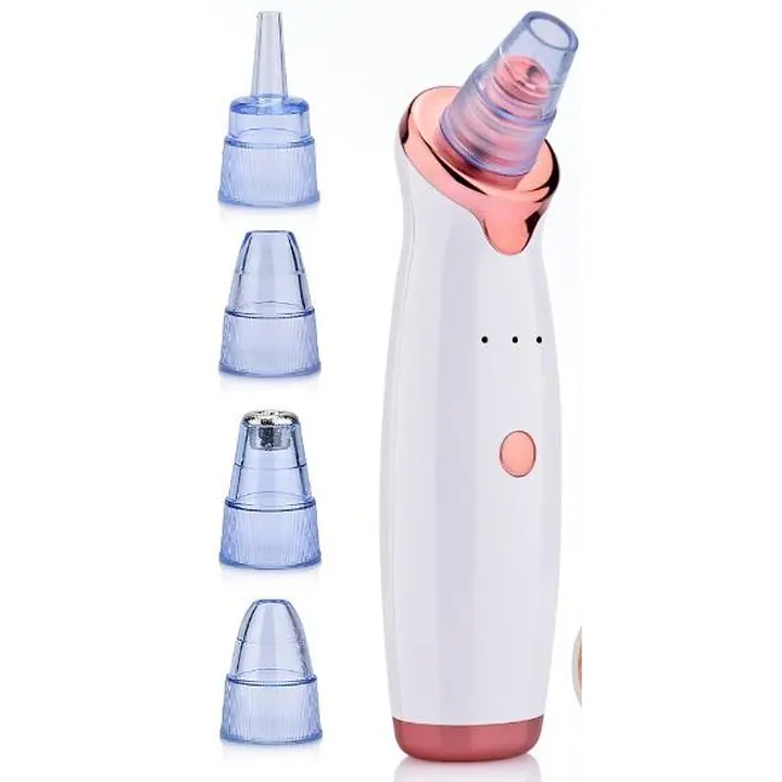 Aparato limpiador facial junto a sus cuatro cabezales azules
